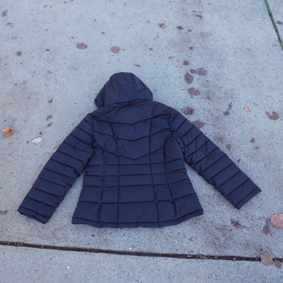 Calvin Klein Black Puffer Coat Women's L Faux Fur Hood Water Resistant - Picture 12 of 12